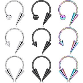 16g 9/12pcs Stainless Steel Long Spike Nose Septum Rings Horseshoe Hoop Labret Ring Smiley Piercing Jewelry 10mm/12mm