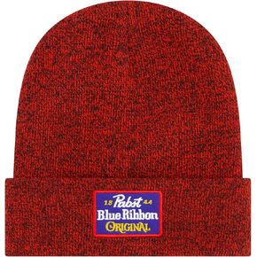 Pabst Blue Ribbon Beanie Hat, Adult Acrylic Knitted Winter Cap with Leather Patch, Red, One Size