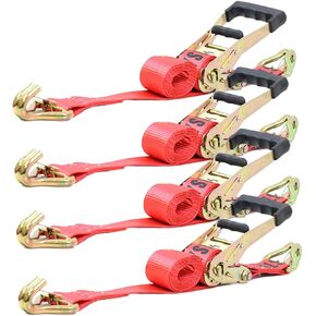 BoxerTool Heavy Duty Car Tie Down Kit with J Hook Safety Latch - Break Strength 10,000 lbs-Working Load 3333 lbs – 2" x 114" Premium Red Strap (4 Pack)