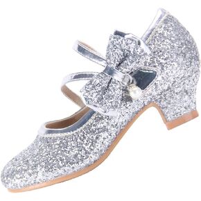 EIGHT KM Girls High Heel Dress Shoes Mary Jane Princess Wedding Party Pump Shoes EKM7035 Sparkle Glittery Crystal Pearl Bow Silver US Toddler Size 7