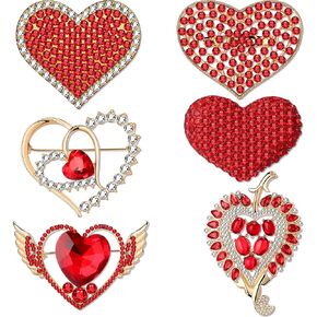 Junkin 6 Pcs Red Love Heart Brooch Pin Women Crystal Rhinestone Gift Gold Hollow Lapel Crystal Brooch Pins for Girls Party Wedding Festivals Valentine's Day
