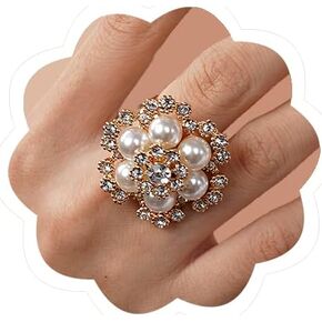 Aimimier Boho Flower Faux Pearl Gold Ring Vintage Floral Rhinestone Statement Ring Adjustable Wedding Cocktail Costume Accessories for Women