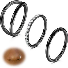 WYR 20G 18G 16G 14G Nose Rings Hoop: 3 Pcs Surgical Steel 7mm 8mm 9mm 10mm Septum Rings Clicker for Lip Cartilage Helix Tragus Conch Rook Daith Lobe Seamless Hoop Unisex Hinged Body Piercing Jewelry