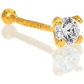 14K Solid Yellow Gold Nose Ring Bone CZ Prong Set - 0.5mm 24 Gauge 9mm Long