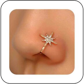 Vintage Crystal Northstar Nose Ring Gold Cz Star Nose Cuff Rhinestone Septum Nose Rings U Shaped Clip On Nose Stud Cz Hoop Nose Piercing Jewelry for Women