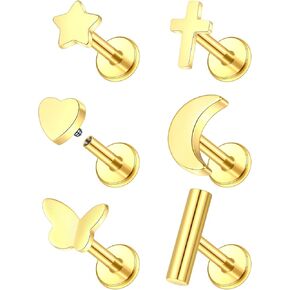 Xpircn 16G FLatback Stud Earrings for Cartilage Helix Tragus Flat Back Earrings Surgical Steel Internally Threaded Studs for Labret Lip Piercing Jewelry, 6PCS