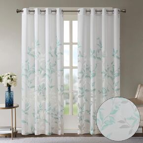 Madison Park 2 Panel Semi Sheer Curtain for Living Room Window, Lightweight Burnout Botanical Print Bedroom Curtains, Grommet Top Window Shades for Home, Machine Washable, Cecily, 2-PK 50x84, Aqua