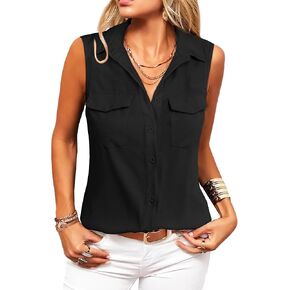 Zeagoo Womens Sleeveless Button Down Shirt with Pockets Solid Casual V Neck Blouses Summer Collared Button Up Tank Tops