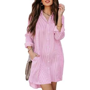 2024 Womens Button Down Shirt Dress Long Sleeve Boyfriend Blouse Shirts Tunics Dress with Pocket, S-2XL