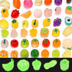 60 pcs Mini Luminous Fruits Vegetables Figurines, Resin Tiny Artificial Fruit Vegetables Glow in The Dark, Fake Miniature Food Decoration for DIY Art Crafts Miniature Landscapes Garden Home