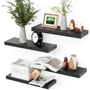 Wall Mounted Floating Shelves, 4 Sets Modern Wall Shelves for Bedroom with Invisible Brackets, Display Shelves for Wall Decor, Wall Shelf for Bathroom, Kitchen, Living Room – Black