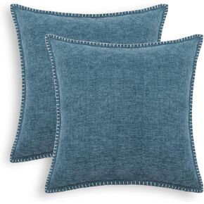 CaliTime Decorative Couch Throw Pillow Covers 18 X 18 Inches Pack of 2 Cotton Thread Stitching Edges Solid Dyed Soft Chenille Cushion Cases for Sofa Bed Living Room Farmhouse Smoke Blue