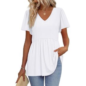 OFEEFAN Womens Summer Tops Babydoll Short Sleeve Shirts Puff Sleeve Peplum Tops V Neck T Shirts
