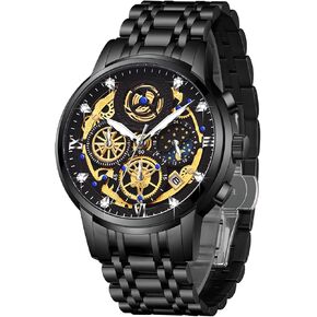 Moon Phase Watch for Men Multifunction Chronograph Dial Analog Quartz Wristwatch Luxury Diamond Business Dress Watch with Luminous Waterproof Calendar Stainless Steel Strap