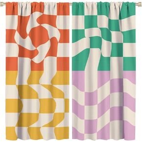 Vintage Colorful Brick Block Curtains, Hippie Funny Groovy 70s Retro Abstract Wave Checkered Patchwork Window Treatments, Blackout Rod Pocket for Living Room Bedroom Bathroom (21x54in) x2 Panels