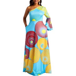 VERWIN Geometric Asymmetric Oblique Collar Women's Maxi Dress Pullover One Sshoulder Long Dress