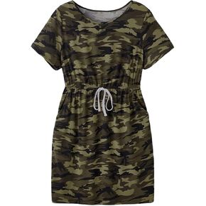 SOLY HUX Women's Plus Size Camo Print Dress Short Sleeve Tie Front Summer Short Dresses with Pocket