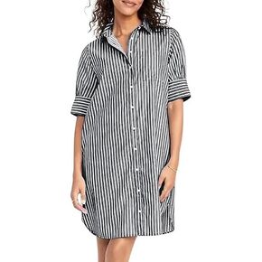 utcoco Women Striped Short Sleeve Shirt Dress Casual Loose Fit Button Down Mini Dress with Pockets