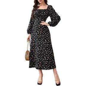 Floerns Women's Floral Print Puff Long Sleeve Midi Dress Square Neck A Line Milkmaid Boho Flowy Holiday Sundress