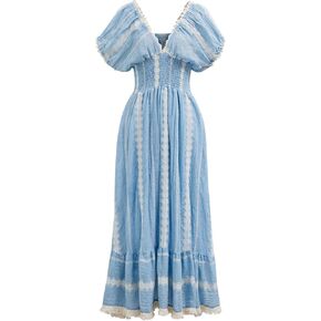CHICWISH Women Embroidery V Neck Maxi Dress Short Sleeve High Elastic Waist Casual Blue Summer Cotton Long Dresses