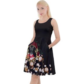 CowCow Womens Summer Dress Alice Wonderland Rabbit Princess Costume Knee Length Skater Dress with Pockets, XS-5XL