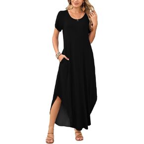 JollieLovin Womens Plus Size Casual Summer Maxi Long Dress Short Sleeve V Neck T-Shirt Loose Sun Dress