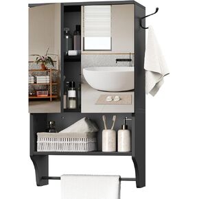 Bathroom Wall Cabinet with Mirror, Wall Mounted Medicine Cabinets with 2 Door and Adjustable Shelves, Over The Toilet Storage Cabinet with Towel Bar, for Bathroom Laundry, White