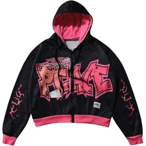 Men's Grunge Full Zip Up Hoodies Goth Graphic Long Sleeve Y2K Drawstring Streetwear Sweatshirts
