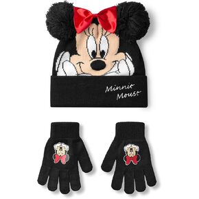 Disney Minnie Mouse Girls Beanie Hat & Gloves Set | Black Knitted Winter Hat with Pom Poms and Red Bow | Kids One Size Hat & Gloves with Minnie Mouse Character Face | Classic Cartoon Merchandise Gift