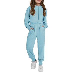Haloumoning Girls Casual Jumpsuits Long Sleeve Hoodie Rompers Long Onesie with Pockets 4-14 T