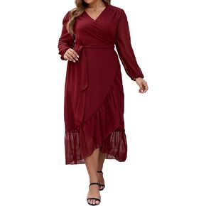 Plus Size Dresses for Women Wrap Tie Side Midi Dress Long Sleeve A Line Ruffle Hem Flowy Chiffon Dress