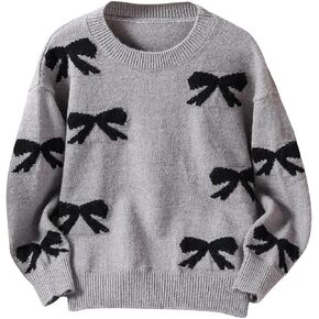Girl's Cute Bow Sweater Crew Neck Long Sleeve Drop Shoulder Loose Pullover Tops