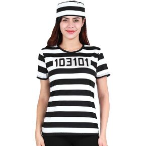 Funny World Women's Prisoner Costume Striped T-Shirts with Hat