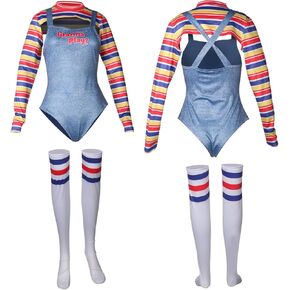 Adult Sexy Chucky Costume Women Gothic Fancy costume Striped Shirt Bodysuit Jumpsuit for Halloween