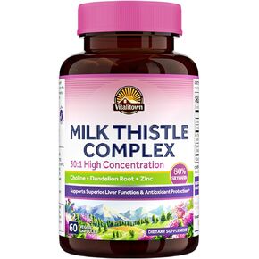 VITALITOWN Milk Thistle Complex | 30X Extract & Std. 80% Silymarin | Choline + Dandelion Root + Zinc | Superior Liver & Antioxidant Support | Vegan, Non-GMO, No Dairy | 600 mg | 60 Veggie Caps