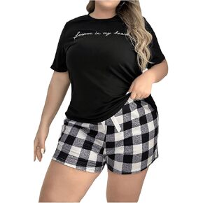 GORGLITTER Women's Plus Size Pajama Set 2 Piece Letter Short Sleeve Shirt Plaid Boxer Shorts Pjs Lounge Sets