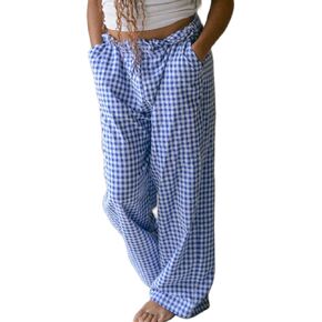 Women Plaid Striped Pants Elastic Waist Wide Leg Gingham Plaid Print Pajama Pants Casual Lounge Trousers