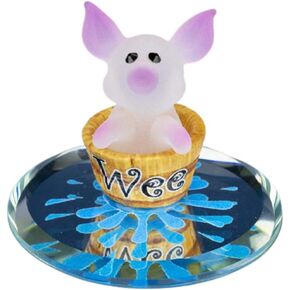 Glass Baron White and Pink Little Wee Pig Figurine in Brown Barrel On Hand Beveled Mirror Base Accented in Genuine Swarovski Crystal