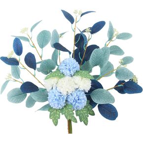 Artificial Flowers for Decoration Artificial Chrysanthemum Ball Flowers Bouquet Faux Eucalyptus Leaves Blue Silk Flowers Hydrangea with Stems for Table Centerpieces Home Wedding Party Decor