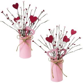 TORONTOKYO Valentines Day Decor, 2 Sets Valentine's Day Artificial Potted Plant Heart Shaped Valentines Day Picks with Berries Metal Pot for Home Office Table Centerpiece Decor