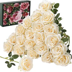 20PCS Artificial Red Roses, 3.9'' Fake Silk Flower Head Red Rose with Long Stems, Realistic Faux Roses Bouquet for DIY Wedding Home Party Office Centerpieces