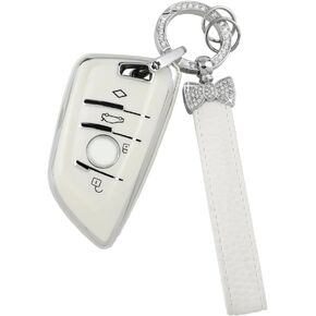1797 Key Fob Cover fit for BMW X5 X3 X4 X6 X1 X2 2 3 4 5 7 Series M3 M4 M5 M8 Z4 Accessories Bling Car Key Chain Case Shell Girly Cute 4 Button White Silver TPU