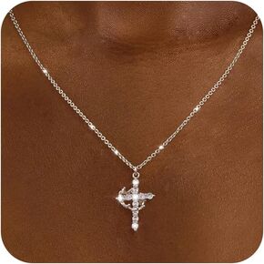 Crown Cross Necklace for Women-Trendy 14K Gold/Silver/Rose Gold Cubic Zirconia Pendant Necklaces Dainty Simple Gold Cross Pendant Necklace Cute Minimalist Jewelry
