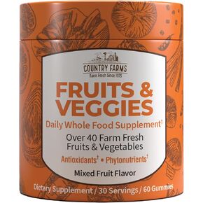 COUNTRY FARMS Fruits and Veggies Gummies, with Over 40 Farm Fresh Fruits & Vegetables, Packed with Powerful Antioxidants, (Spirulina, Blueberry, Mushrooms), Daily Whole Food Supplement, Pectin Based,