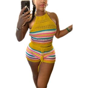Two Piece Short Set for Women Knit Crochet Outfits Hollow Out Striped Halter Backless Crop Top Shorts Tracksuit