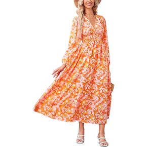 Women's Floral Print Boho Dress Long Sleeve V Neck A-Line Beach Smocked Flowy Maxi Dresses