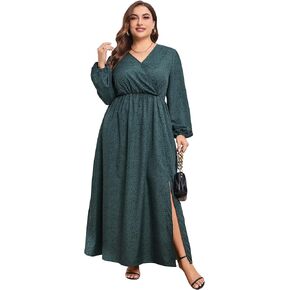 فستان KOJOOIN نسائي طويل مقاس كبير ملفوف وأكمام طويلة وخصر إمبراطوري وفتحة جانبية فساتين كاجوال in Kuwait