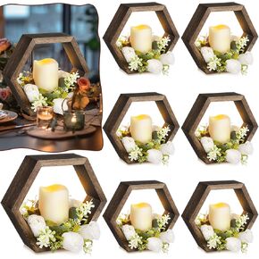 16 Pcs Wooden Candle Lantern Set Includes 8 Rustic Wedding Centerpieces for Table Decorative Candle Lanterns and 8 Flameless Decorative LED Candles for Wedding, Dark Brown, Hexagon