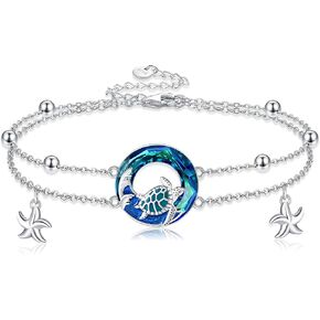 MONGAS Sea Turtle Bracelet Sterling Silver Sea Turtle Double Chain Bracelet Sea Turtle Jewelry for Women