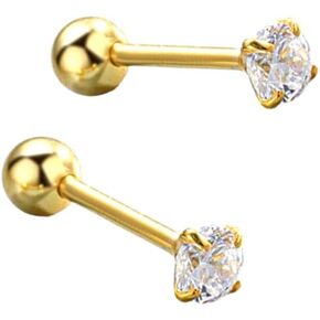 Mini Spark 14K Gold Plated Nap Earrings 925 Sterling Silver One CZ Stone Screw Ball Back Hypoallergenic Studs Everyday Cartilage Helix Celestial Tiny Second Earlobe Piercing Jewelry Unisex 3MM